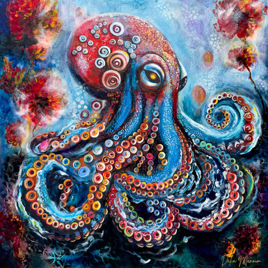 Colorful octopus with swirling tentacles, oil on mixed media painting, blue turquoise coral gold tones, ocean abstract wildlife art, Dalia Manoim art