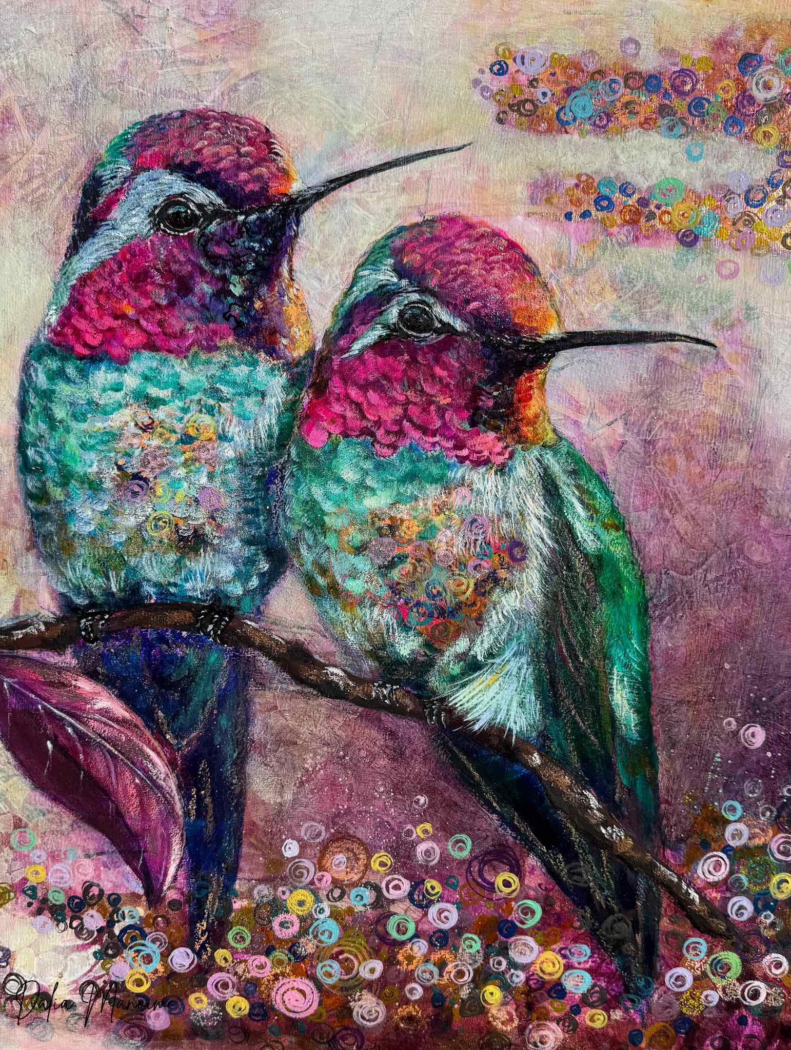 Original mixed media oil painting “Shared Silence” by Toronto artist Dalia Manoim, featuring two vibrant hummingbirds resting side by side on a branch. Painted on birch wood panel, the artwork blends soft pink, teal, and violet tones with gold highlights, symbolizing peace, harmony, and the rare beauty of connection in stillness.