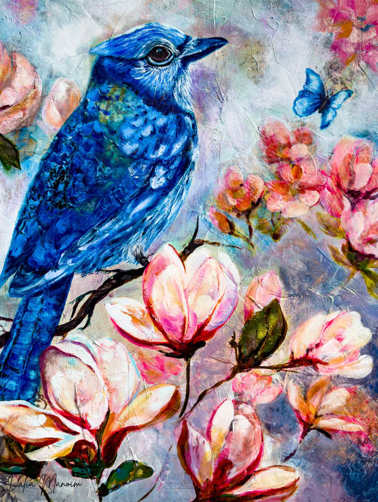 Original mixed media oil painting “Beyond the Flight” by Toronto artist Dalia Manoim, featuring a vibrant blue jay perched among magnolia blossoms with a delicate butterfly in the air. This symbolic artwork blends tones of blue, pink, and soft cream, evoking resilience, renewal, and the courage to rise beyond loss.