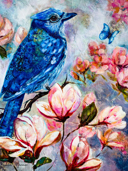 Original mixed media oil painting “Beyond the Flight” by Toronto artist Dalia Manoim, featuring a vibrant blue jay perched among magnolia blossoms with a delicate butterfly in the air. This symbolic artwork blends tones of blue, pink, and soft cream, evoking resilience, renewal, and the courage to rise beyond loss.