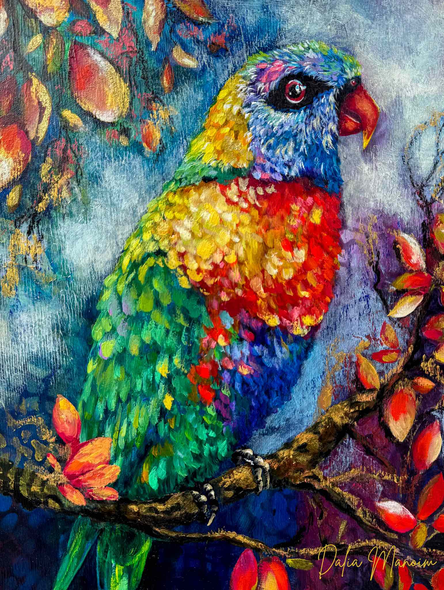 Original painting titled 'The Listener' by Toronto artist Dalia Manoim. Mixed media oil on birch wood panel depicting a colorful parrot surrounded by soft turquoise, coral, and gold tones, symbolizing stillness and awareness.