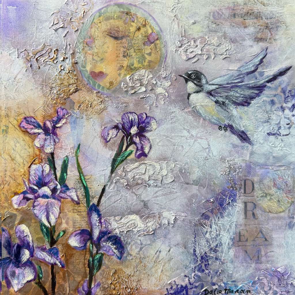 Original mixed-media oil painting “Where Dreams Take Flight” by Dalia Manoim, featuring a small bird in soft lavender and blue tones flying toward a glowing golden moon. Below, violet and lilac irises rise through textured layers of cream, gold, and pale lavender. Subtle collage elements and the word “DREAM” blend into the background, creating a dreamy, uplifting atmosphere.