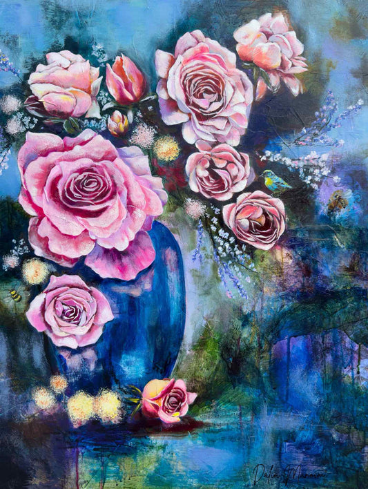 Original mixed-media oil painting “The Rising Day” by Dalia Manoim, featuring a vibrant arrangement of pink and blush roses in a deep blue vase. Soft glowing light, tiny bees, and delicate lavender and white blossoms surround the flowers. Textured layers of rich blues, greens, golds, and purples create depth, symbolizing renewal and awakening.