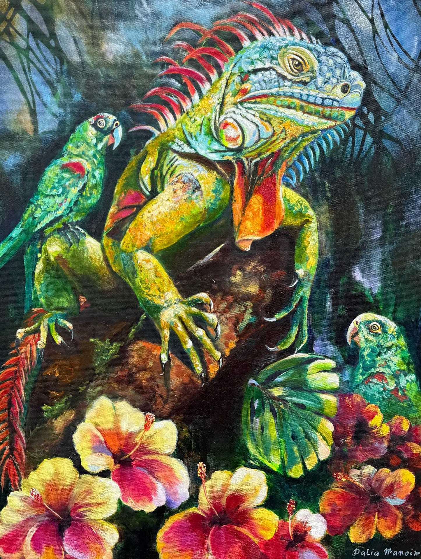 Iguana with parrots on tropical branch, oil and mixed media wildlife painting, turquoise green orange pink tones, jungle scene, Dalia Manoim art