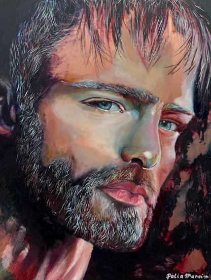 Original mixed media oil painting portrait of a bearded man, expressive contemporary figurative artwork with rich color and textured abstract background.