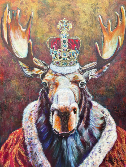 Original mixed media oil painting of a crowned Canadian moose portrait, regal wildlife artwork with gold, red and textured abstract background.
