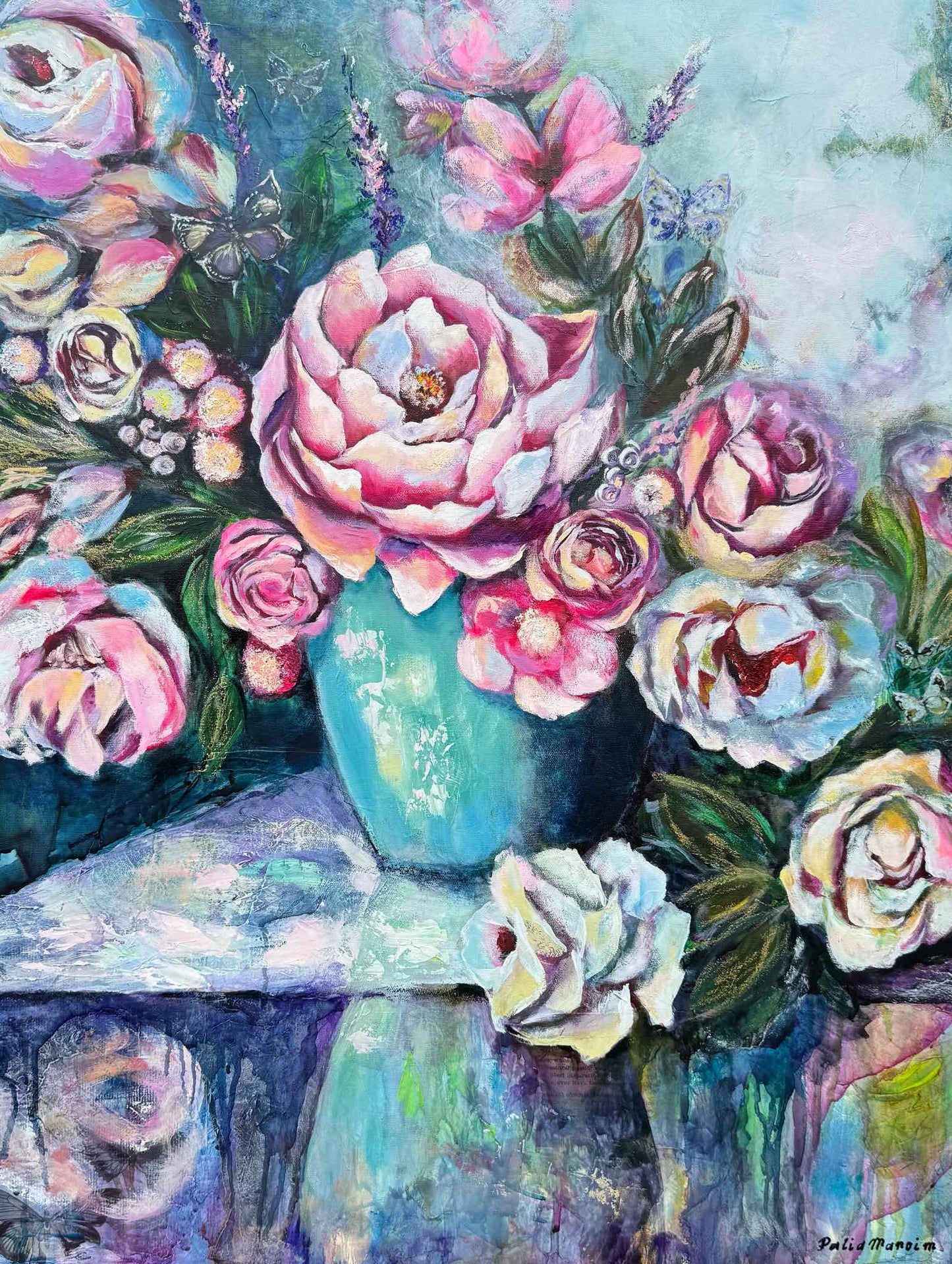 Original mixed media oil painting of blooming floral reflection, symbolic abstract realism artwork with layered textures and soft light tones