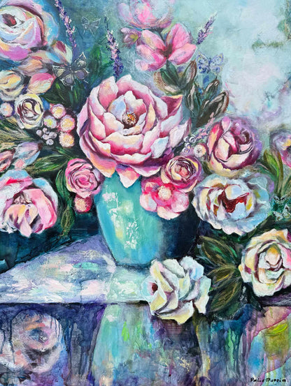 Original mixed media oil painting of blooming floral reflection, symbolic abstract realism artwork with layered textures and soft light tones